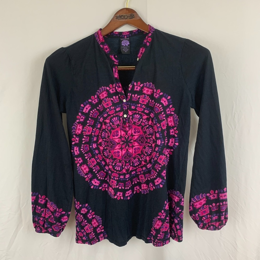 Lucky‎ Brand Top Womens Medium Navy Mandala Print Long Sleeve Cotton Boho